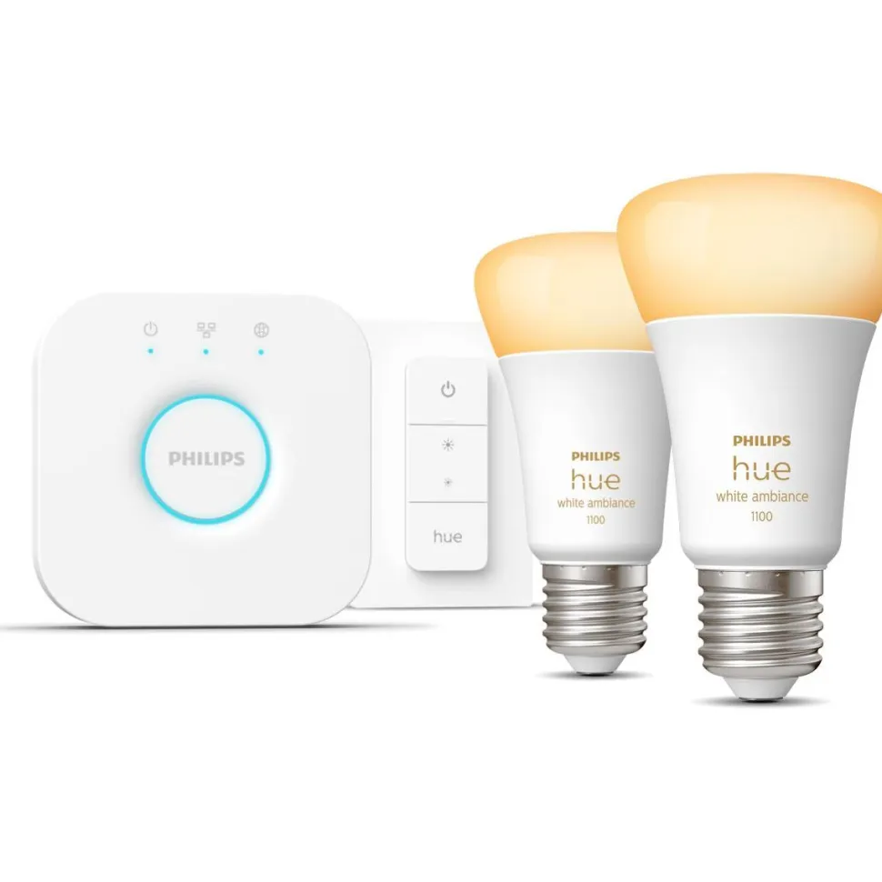 Aloituspakkaus Philips Hue White Ambiance, 2 x älylamppu 8W A60 E27, himmenin ja Hue-silta