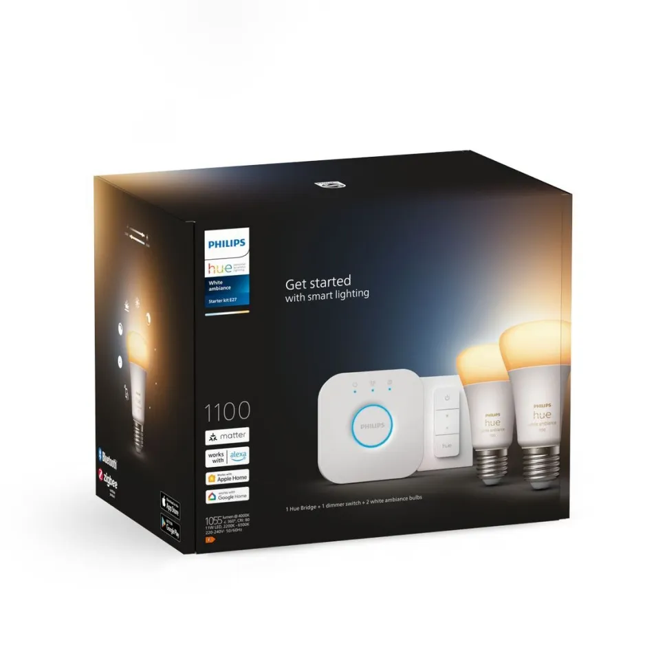 Aloituspakkaus Philips Hue White Ambiance, 2 x älylamppu 8W A60 E27, himmenin ja Hue-silta