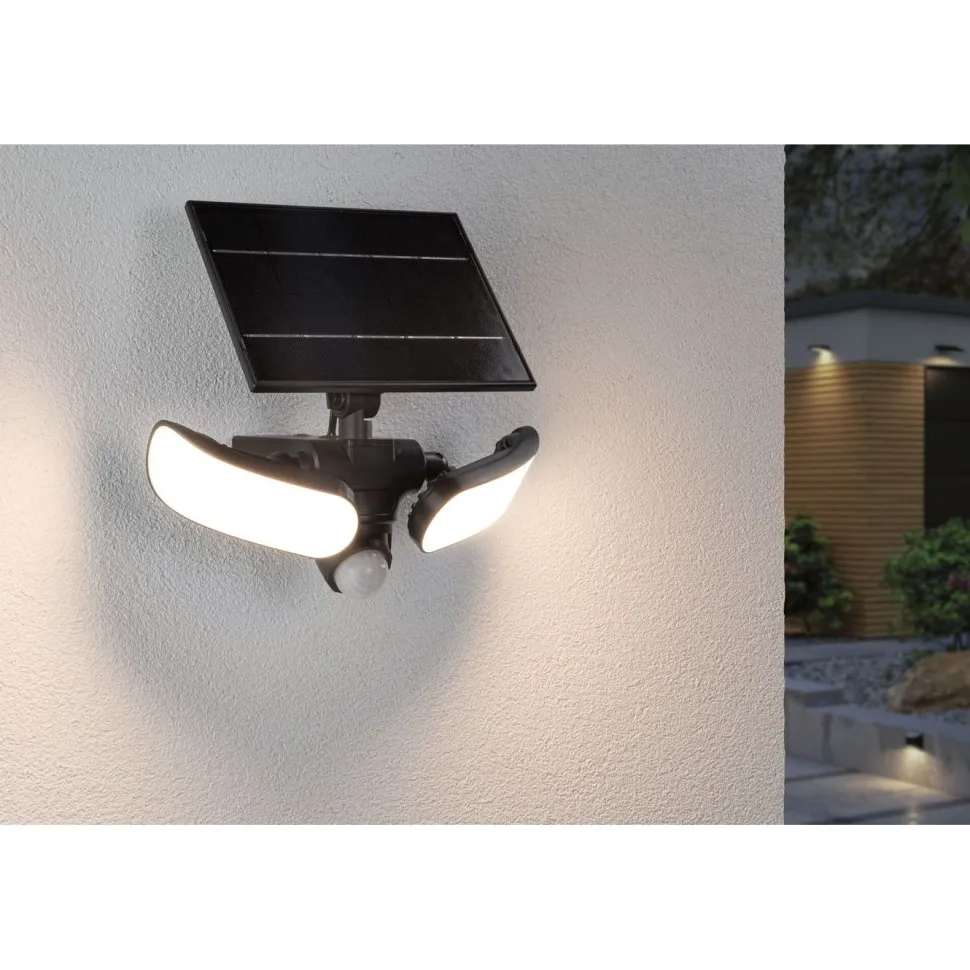 Aurinkokennoseinävalaisin Paulmann Sonlig 286x137mm USB-ladattava hämäräohjattu liiketunnistin IR IP65 3000K 2x9W 2x1100lm antrasiitti