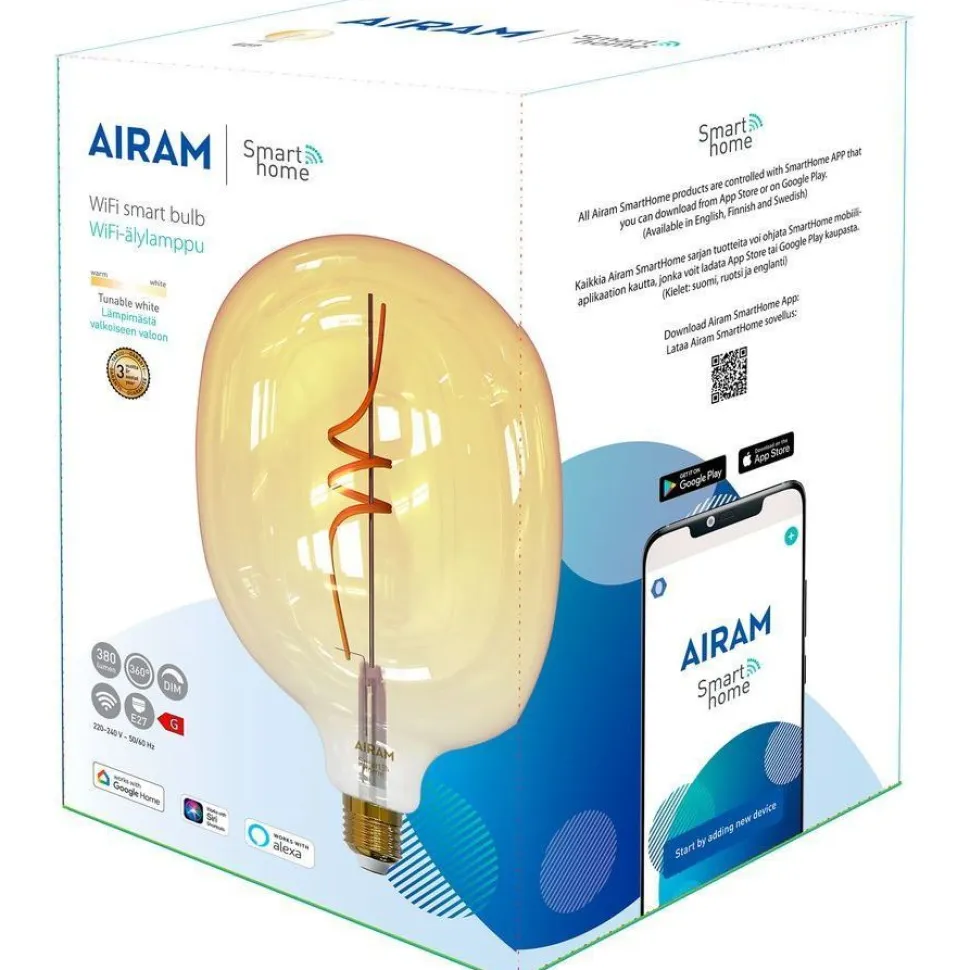 Filamenttilamppu Airam SmartHome SPIRAL FILAMENT, 4.9W, E27, 380lm, 1800-3000K, amber