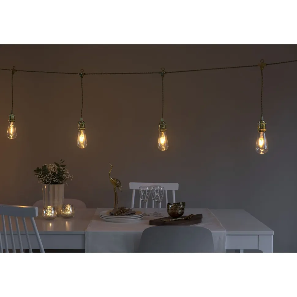 Juhlavalosarja Konstsmide, IP20, 8 x LED, kulta/amber, tekstiilikaapeli, himmennin