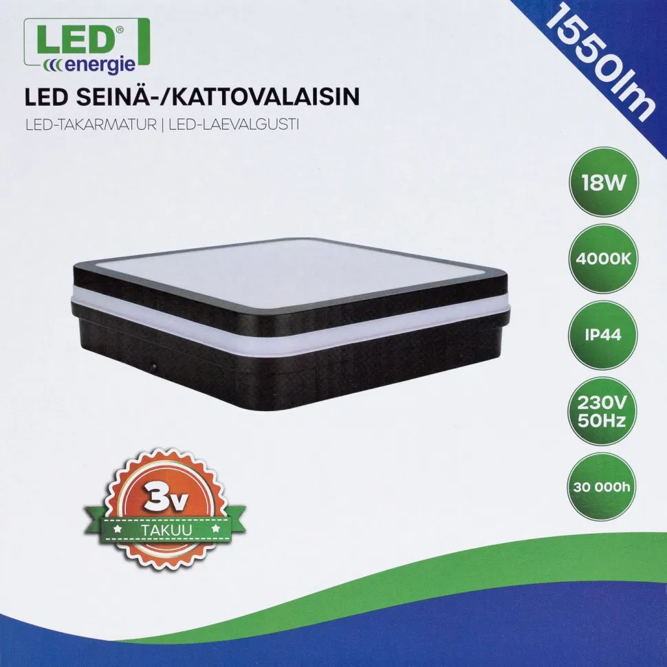 Kattovalaisin Led Energie, IP44, 1550lm, 18W, 4000K, antrasiitinharmaa, neliö