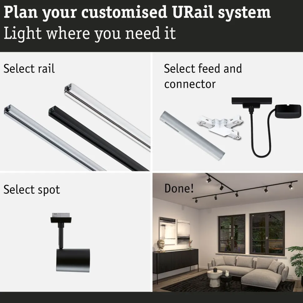 Kiskospotti Paulmann URail Luxe GU10 max. 10W himmennettävä mattamusta