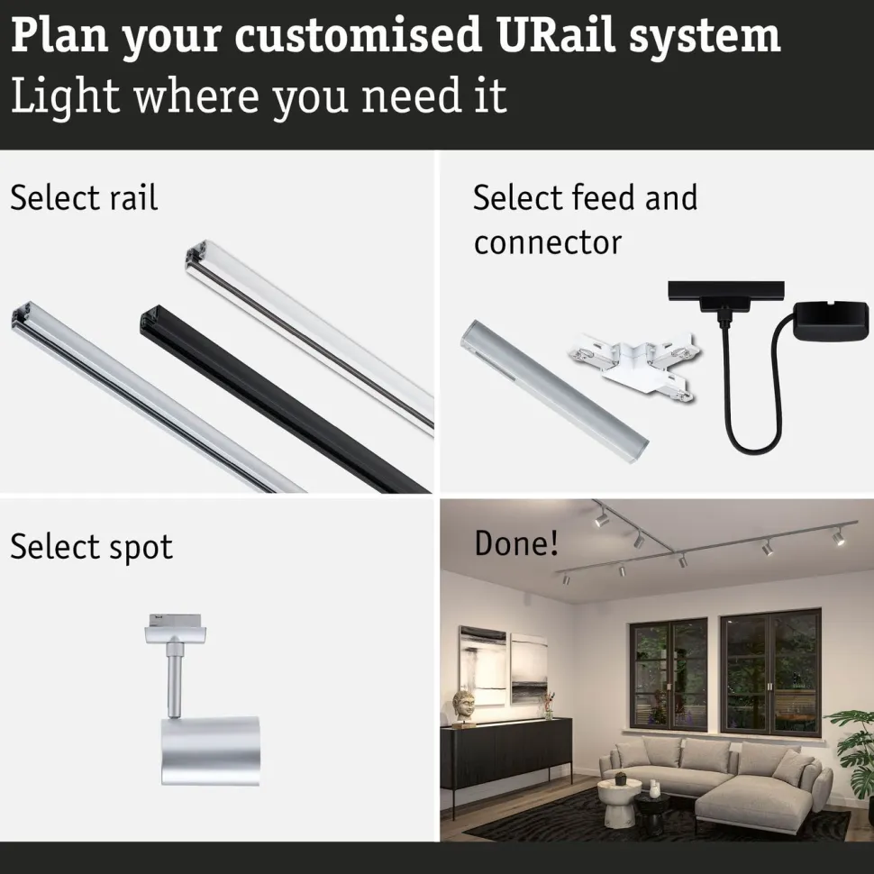 Kiskospotti Paulmann URail Luxe GU10 max. 10W himmennettävä mattamusta