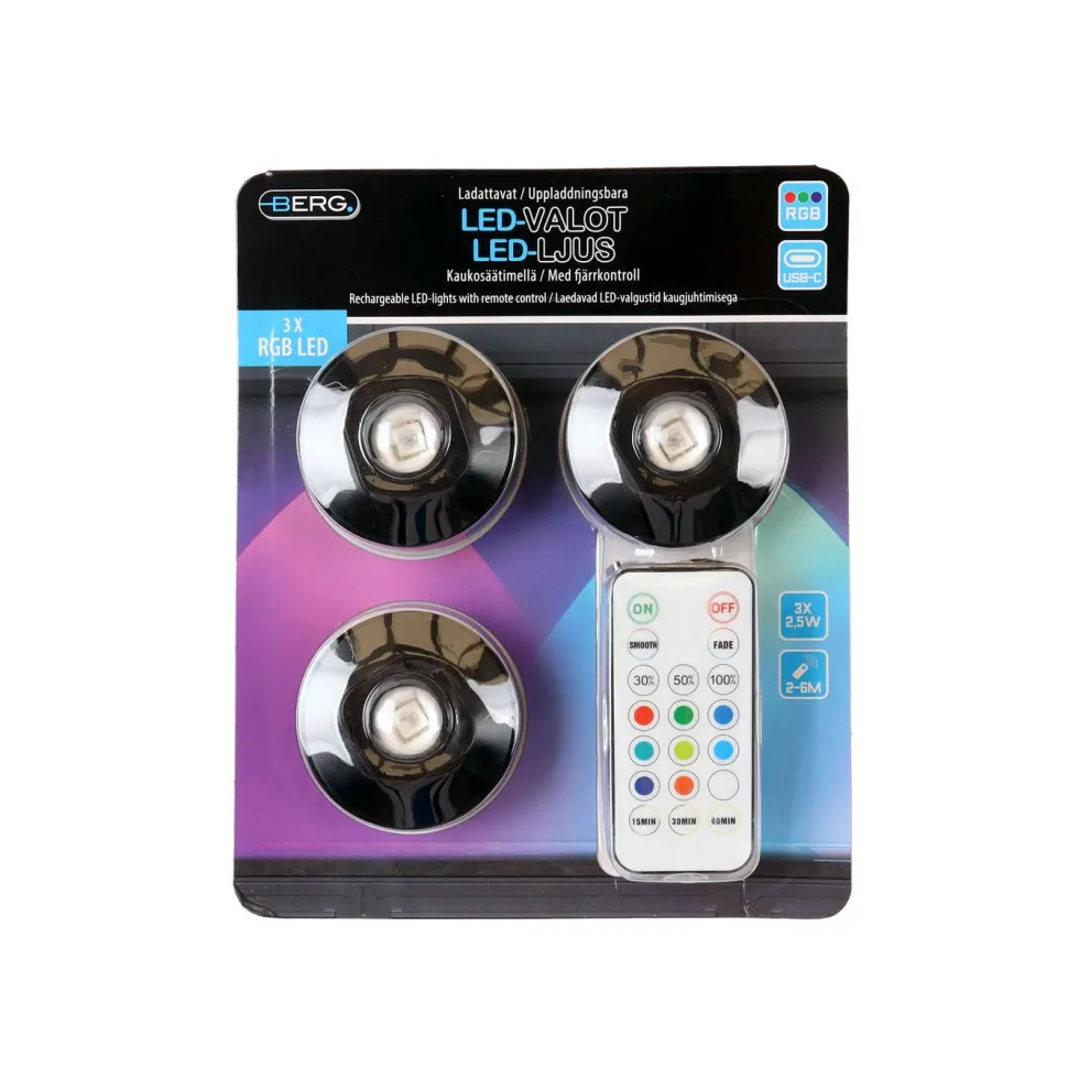 Kohdevalaisin Berg RGB LED ladattava, 3 kpl, musta