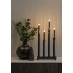 Kynttelikkö Konstsmide, 4-osainen, puu, E10, messinkirenkaat, 59 cm, musta