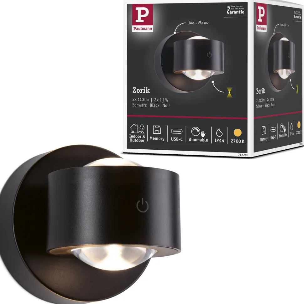 Ladattava seinävalaisin Paulmann Zorik LED IP44 100mm 2700K 2x1.1W, himmennettävä