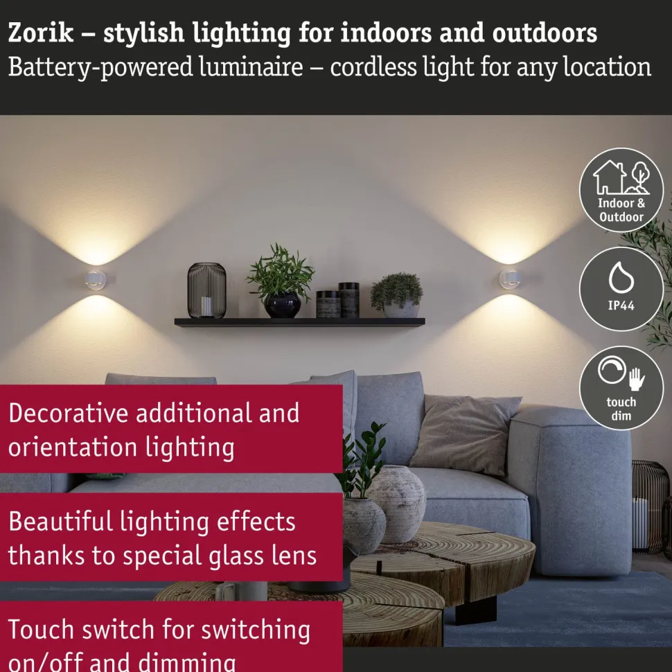 Ladattava seinävalaisin Paulmann Zorik LED IP44 100mm 2700K 2x1.1W, himmennettävä