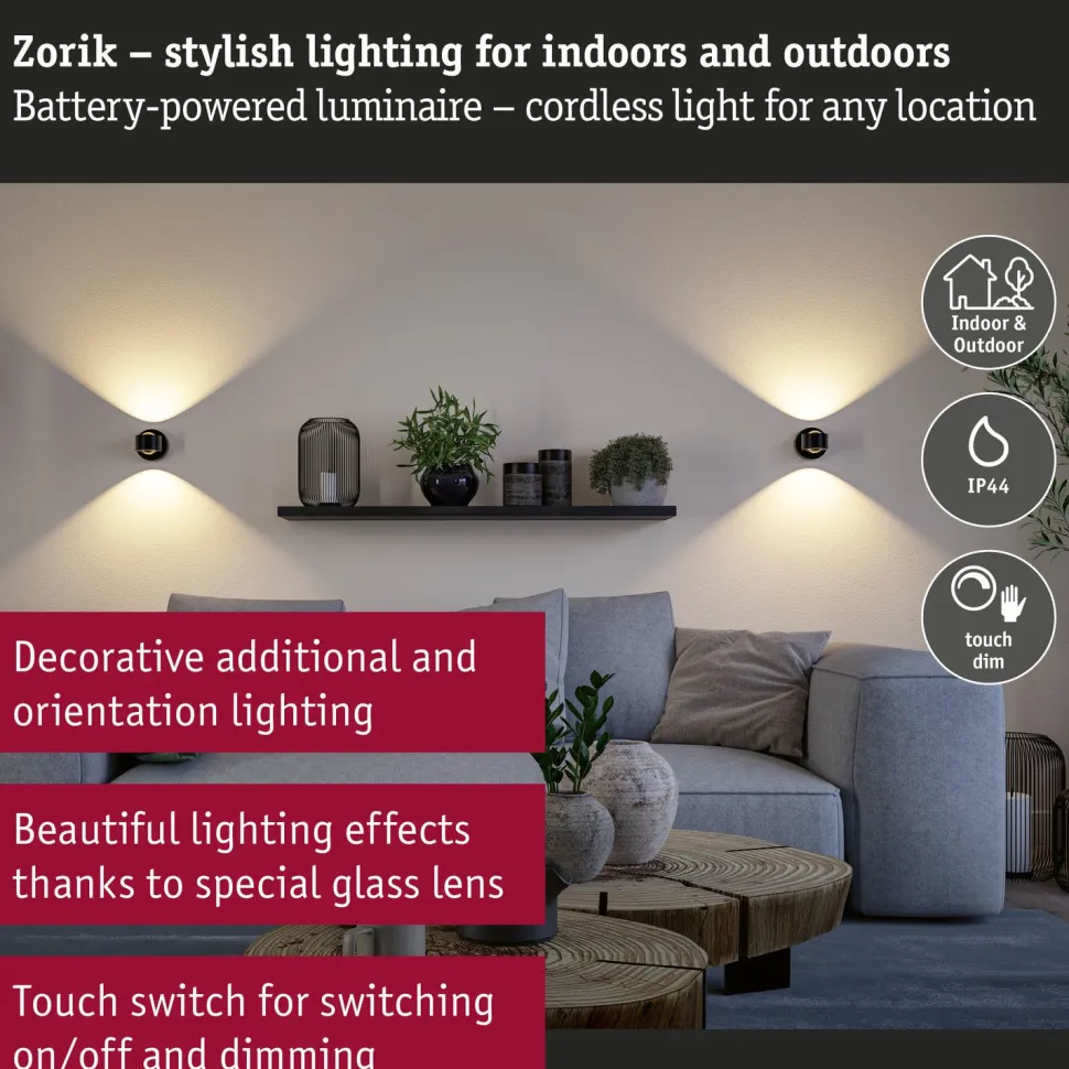 Ladattava seinävalaisin Paulmann Zorik LED IP44 100mm 2700K 2x1.1W, himmennettävä