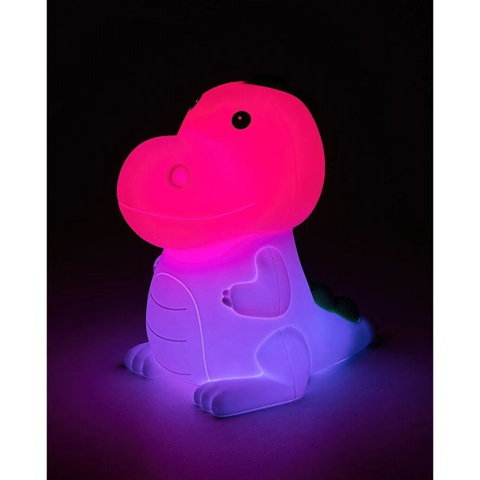 Lasten yöpöytävalaisin Rabalux Dinoo 14cm, RGB, ladattava, valkoinen/moniväri