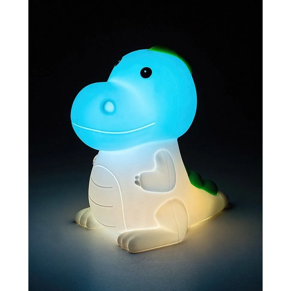 Lasten yöpöytävalaisin Rabalux Dinoo 14cm, RGB, ladattava, valkoinen/moniväri