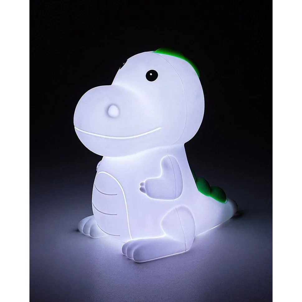 Lasten yöpöytävalaisin Rabalux Dinoo 14cm, RGB, ladattava, valkoinen/moniväri