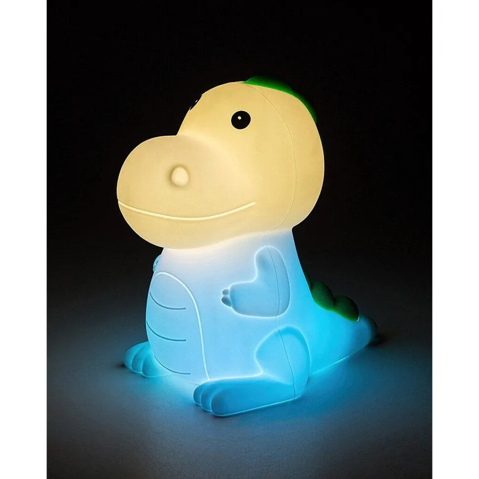 Lasten yöpöytävalaisin Rabalux Dinoo 14cm, RGB, ladattava, valkoinen/moniväri