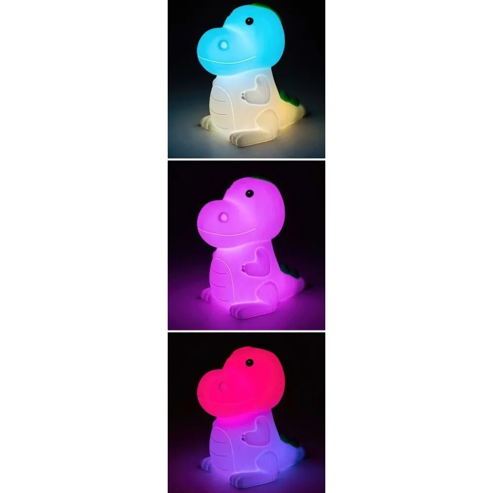 Lasten yöpöytävalaisin Rabalux Dinoo 14cm, RGB, ladattava, valkoinen/moniväri