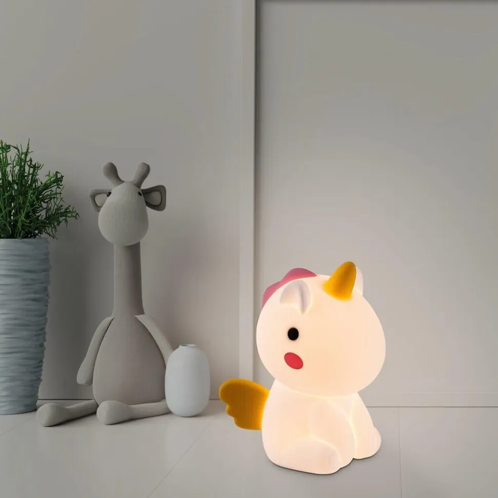 Lasten yöpöytävalaisin Rabalux Unicoo 14cm, RGB, ladattava, valkoinen/moniväri
