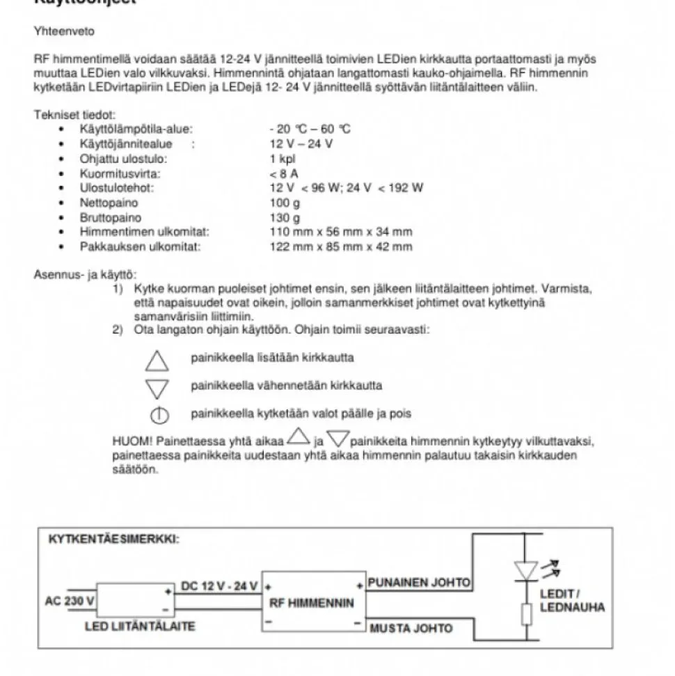 LED himmennin langaton FTLIGHT RF kaukosäädin 12/24V