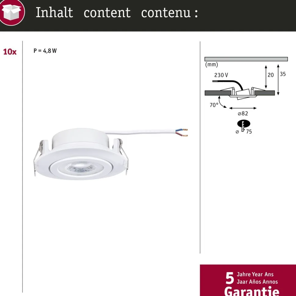 LED-alasvalo Paulmann Ø82mm kääntyvä 70° 4.8W 10x450lm himmennettävä 3000K valkoinen, 10kpl/pkt