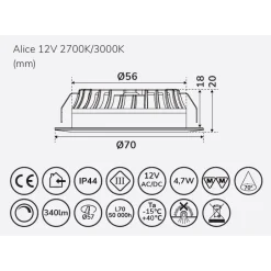 LED-alasvalo Llitt Alice 12 V 3000 K eri värejä