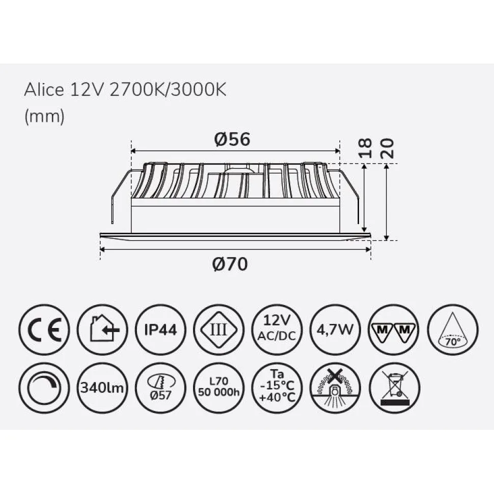 LED-alasvalo Llitt Alice 12 V 2700 K eri värejä