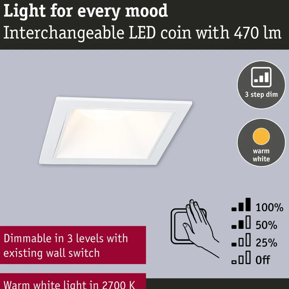LED-alasvalo Paulmann Cole IP44 88x88mm 6W 470lm himmennettävä