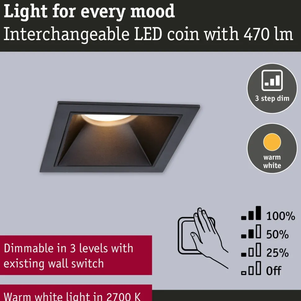 LED-alasvalo Paulmann Cole IP44 88x88mm 6W 470lm himmennettävä