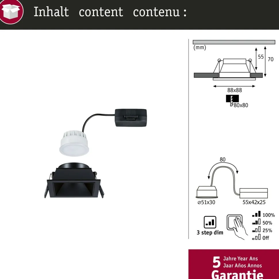 LED-alasvalo Paulmann Cole IP44 88x88mm 6W 470lm himmennettävä