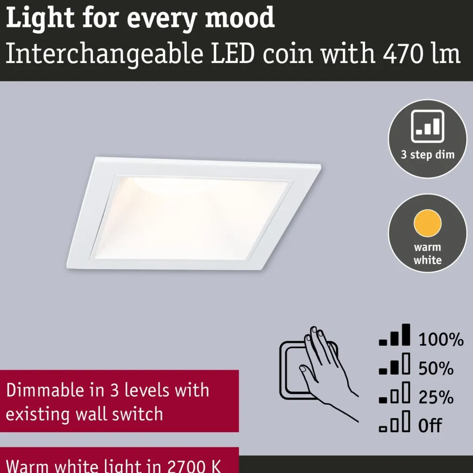 LED-alasvalo Paulmann Cole IP44 88x88mm 6W 470lm himmennettävä