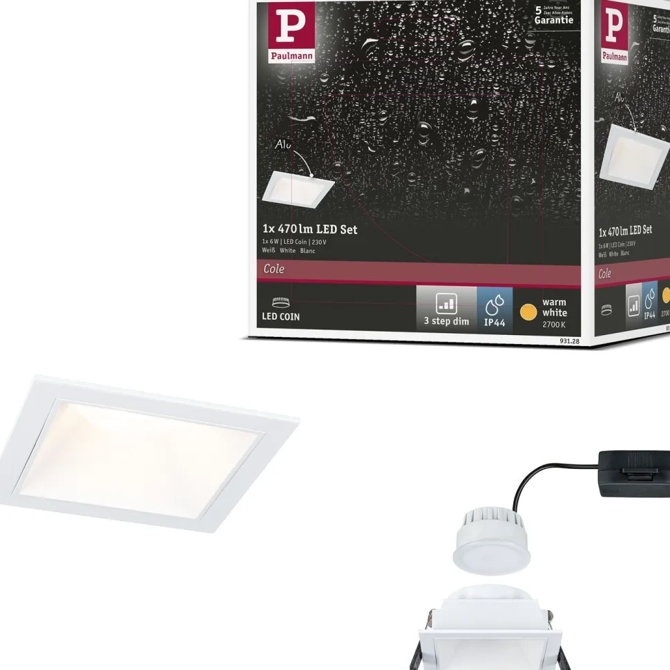 LED-alasvalo Paulmann Cole IP44 88x88mm 6W 470lm himmennettävä
