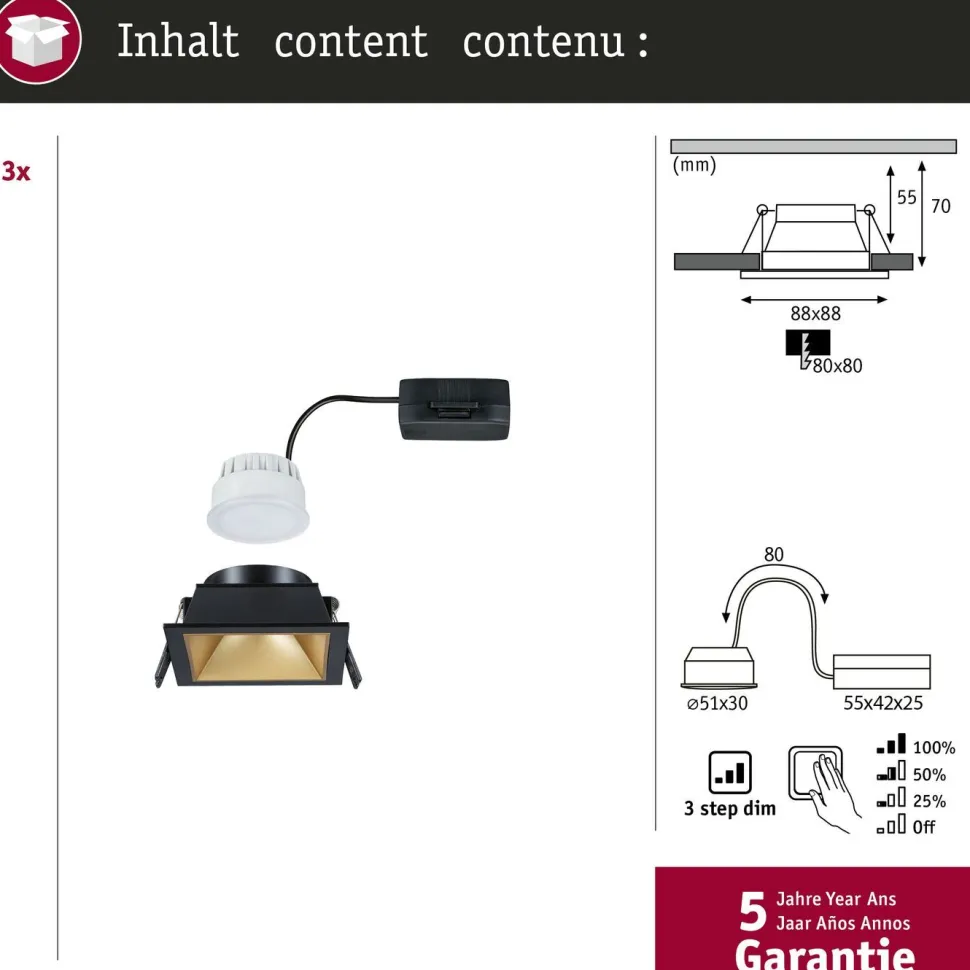 LED-alasvalo Paulmann Cole IP44 88x88mm 6W 470lm himmennettävä