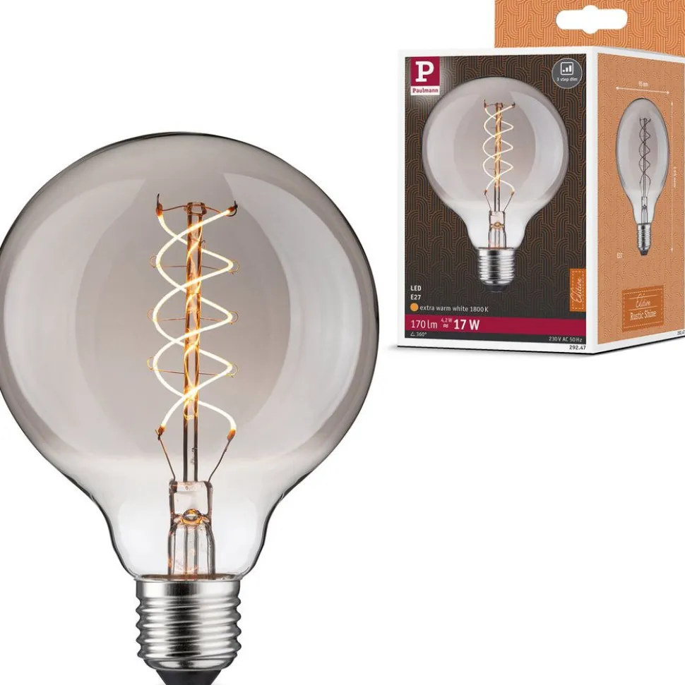 LED-filamenttilamppu Paulmann Rustic Shine Globe, S-muoto, 230V, 170lm, 4,2W, 1800K, himmennettä, savulasi