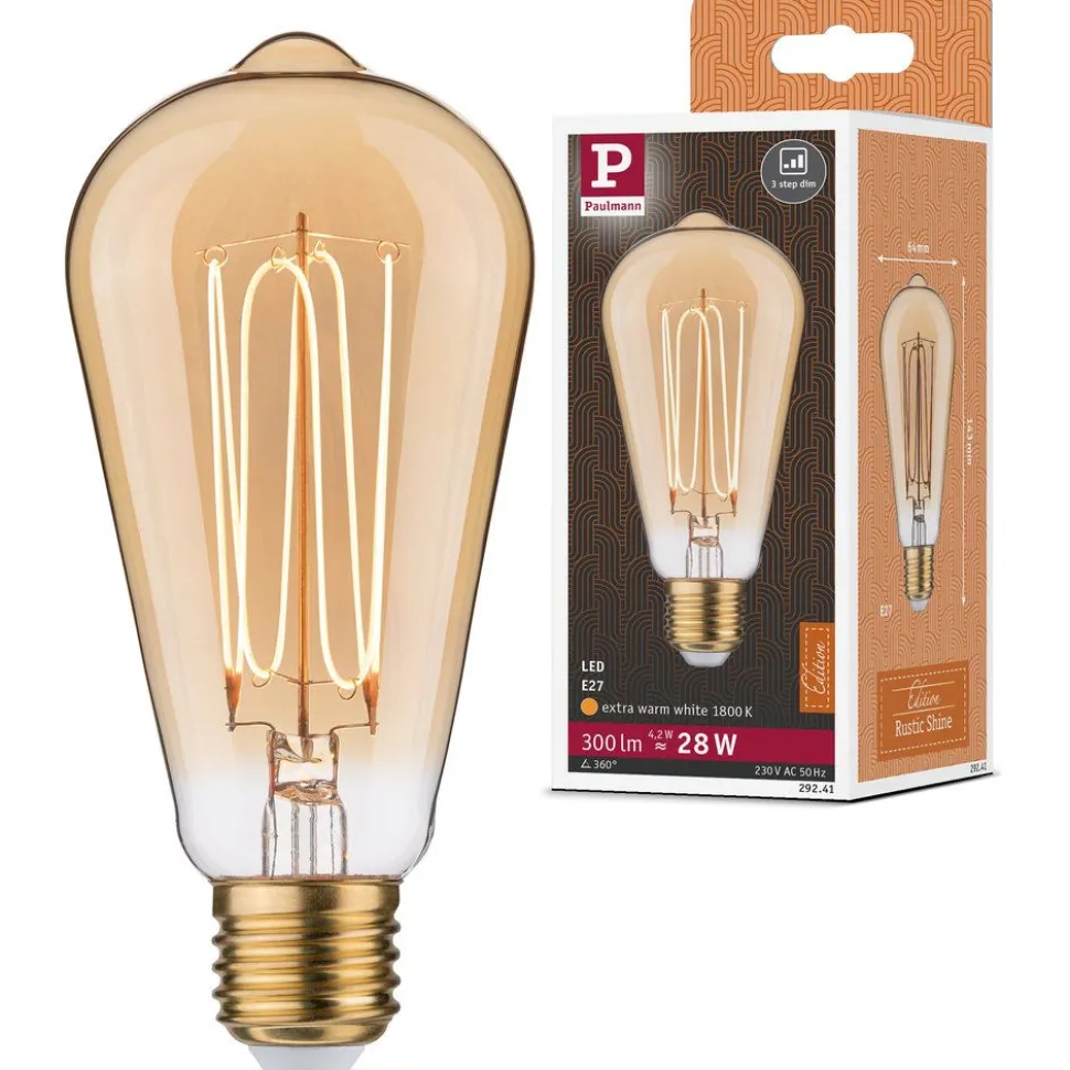 LED-filamenttilamppu Paulmann Rustic Shine Corn, I-muoto, 230V, 300lm, 4.2W, 1800K, himmennettä, kulta