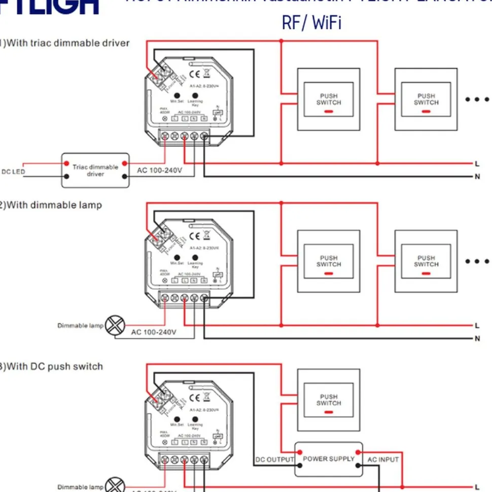 LED-himmennin/vastaanotin FTLIGHT Perfect Triac Push Dim langaton RF/WiFi 230V