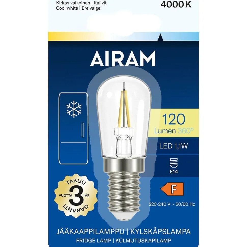 LED-jääkaappilamppu Airam, 1.1W, E14, 120lm, 4000K, kirkas filamentti