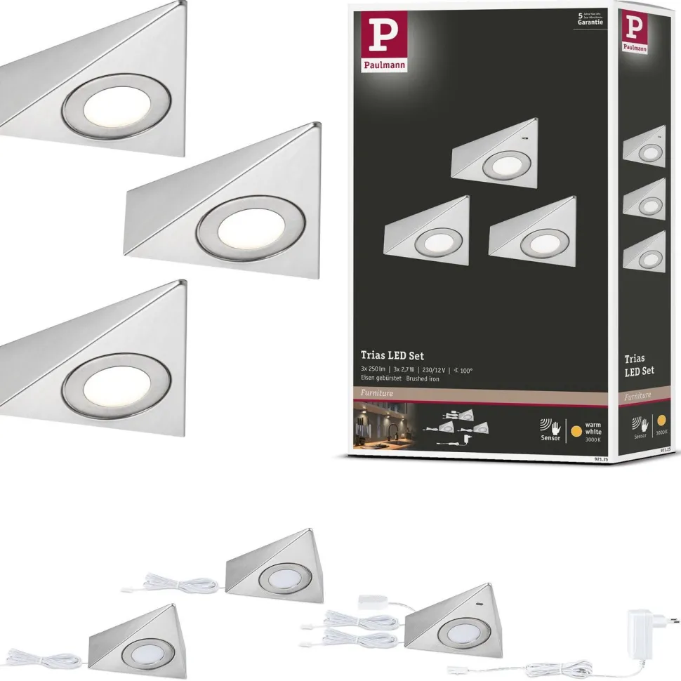 LED-kalustevalaisin Paulmann Trias 135x132mm 4000K liiketunnistin 2.7W 185lm harjattu rauta, 3kpl/pkt