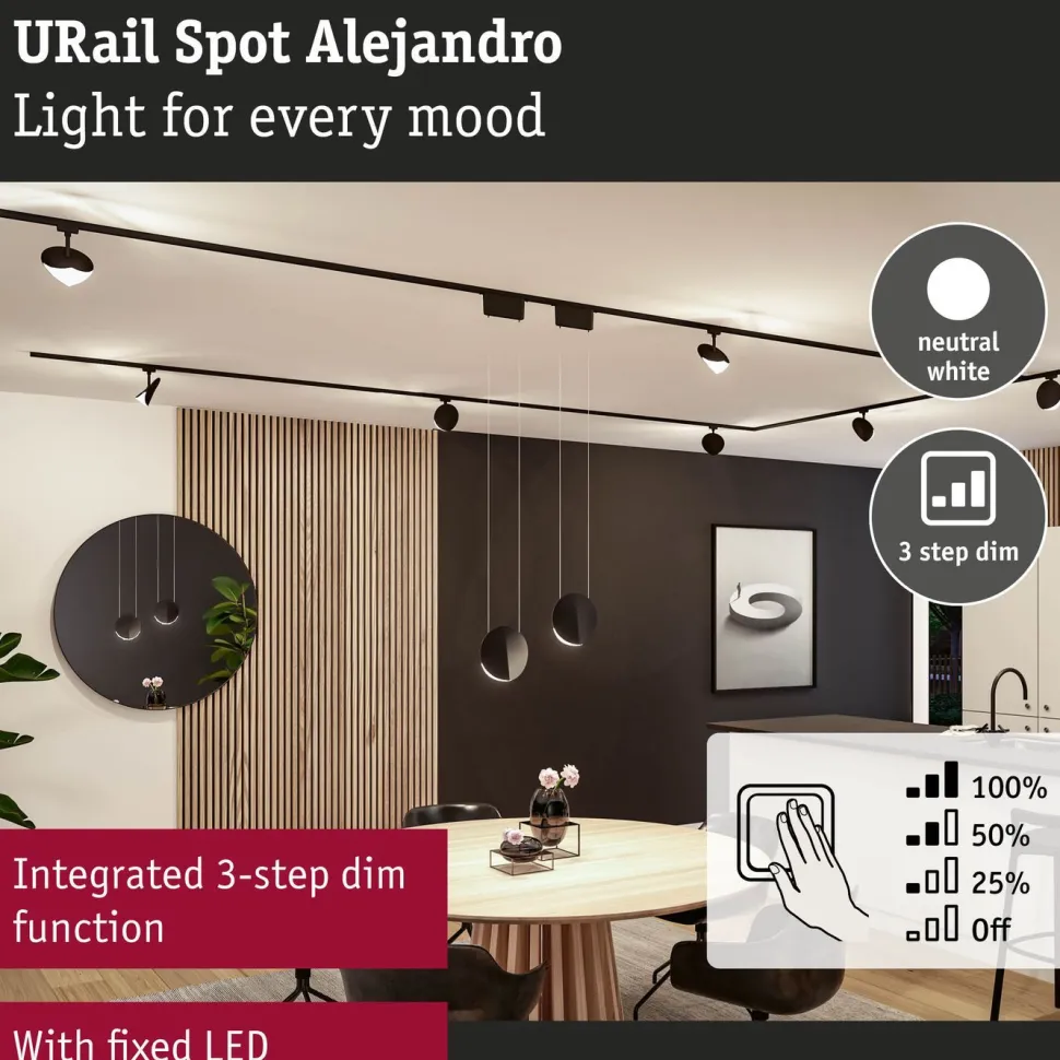 LED-kiskospotti Paulmann URail Alejandro 800lm 10W 3000K 3-Step-Dim himmennettävä valkoinen