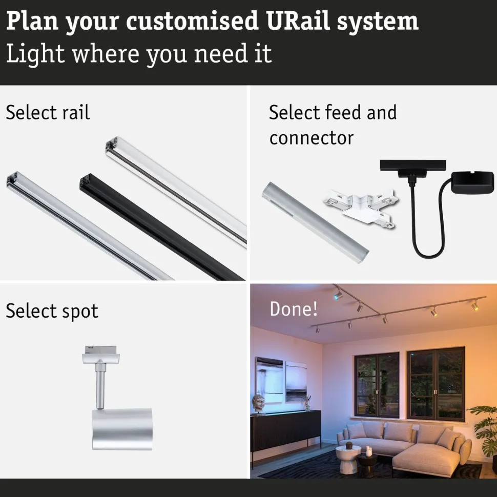 LED-kiskospotti Paulmann URail Smart Home Zigbee 3.0 Luxe GU10 350lm 4.8W RGBW+ himmennettävä mattamusta