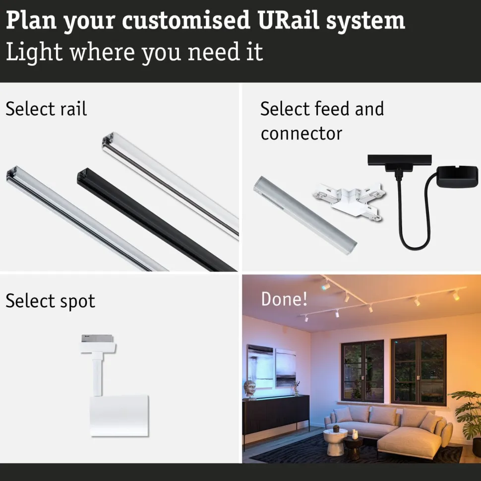 LED-kiskospotti Paulmann URail Smart Home Zigbee 3.0 Luxe GU10 350lm 4.8W RGBW+ himmennettävä mattamusta