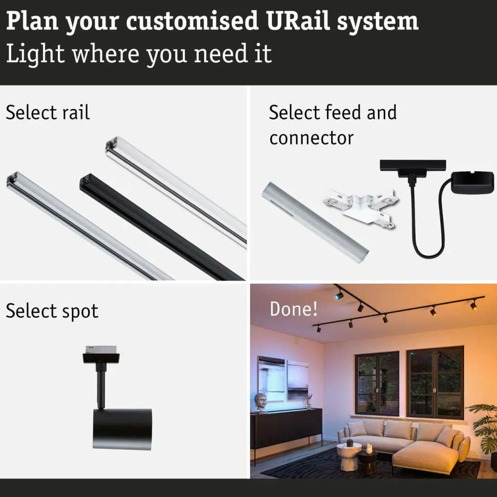 LED-kiskospotti Paulmann URail Smart Home Zigbee 3.0 Luxe GU10 350lm 4.8W RGBW+ himmennettävä mattamusta