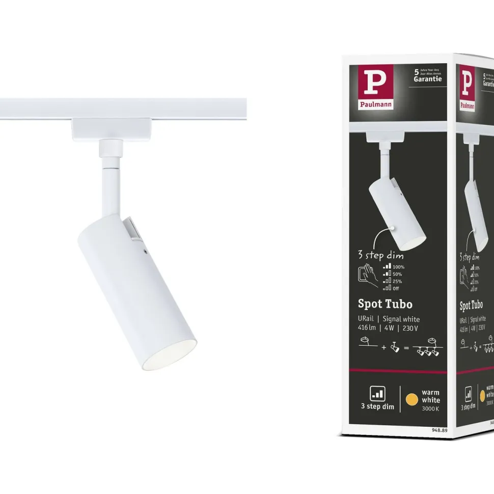 LED-kiskospotti Paulmann URail Tubo 170lm 4W 4000K 3-Step-Dim himmennettävä valkoinen