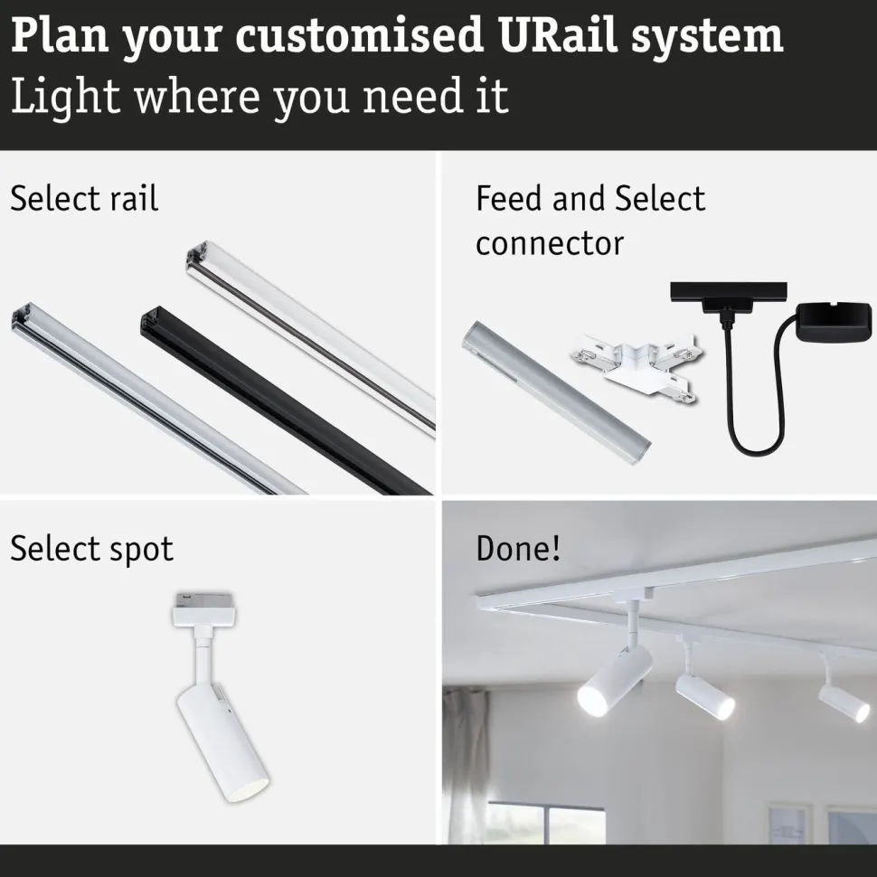 LED-kiskospotti Paulmann URail Tubo 170lm 4W 4000K 3-Step-Dim himmennettävä valkoinen