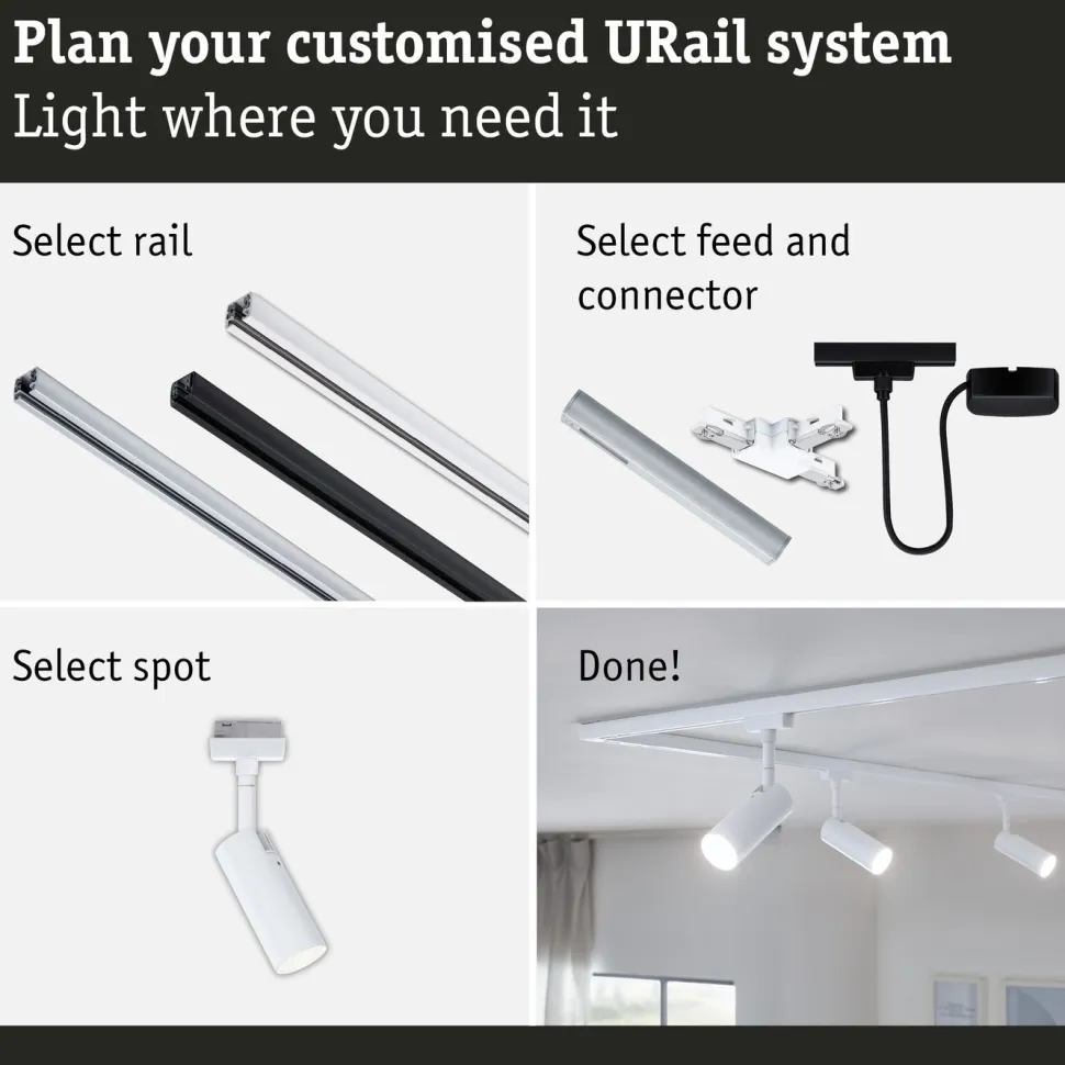 LED-kiskospotti Paulmann URail Tubo 170lm 4W 4000K 3-Step-Dim himmennettävä valkoinen