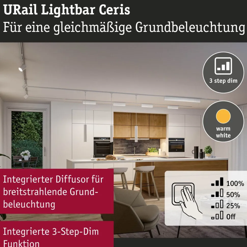 LED-kiskovalaisin Paulmann URail 3-Step-Dim Ceris, 37.2cm, 850lm, 9.5W, 4000K, himmennettävä, 230V, mattamusta
