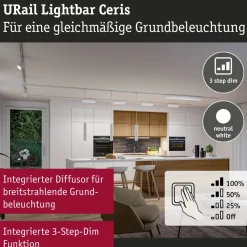 LED-kiskovalaisin Paulmann URail 3-Step-Dim Ceris, 37.2cm, 850lm, 9.5W, 4000K, himmennettävä, 230V, mattamusta
