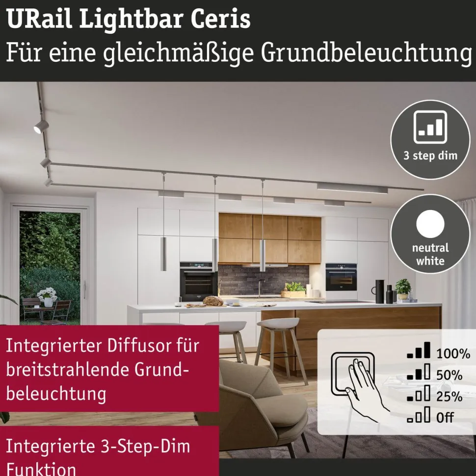 LED-kiskovalaisin Paulmann URail 3-Step-Dim Ceris, 37.2cm, 850lm, 9.5W, 4000K, himmennettävä, 230V, mattamusta