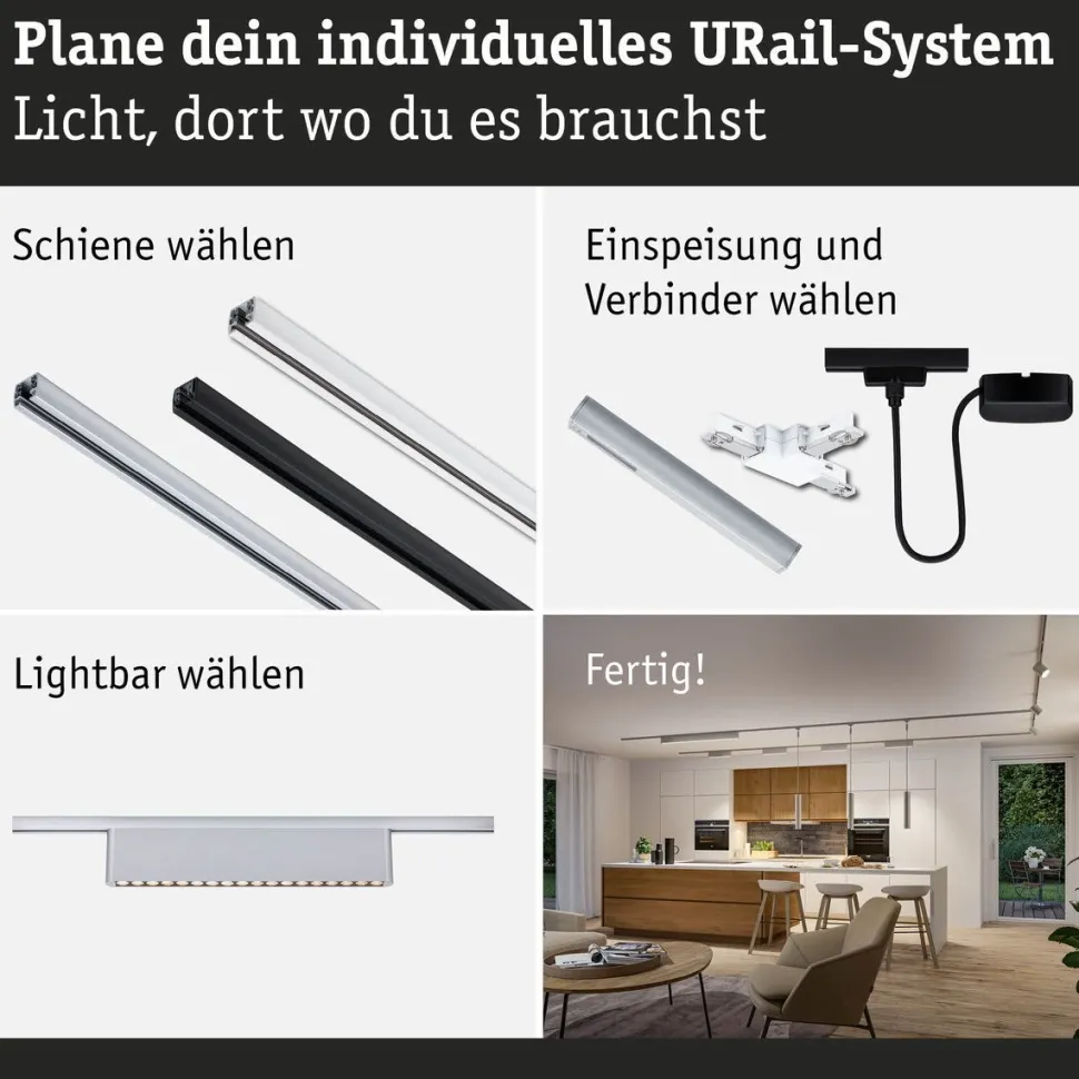 LED-kiskovalaisin Paulmann URail 3-Step-Dim Zelos, 37.2cm, 1050lm, 10W, 3000K, himmennettävä, 230V, mattakromi