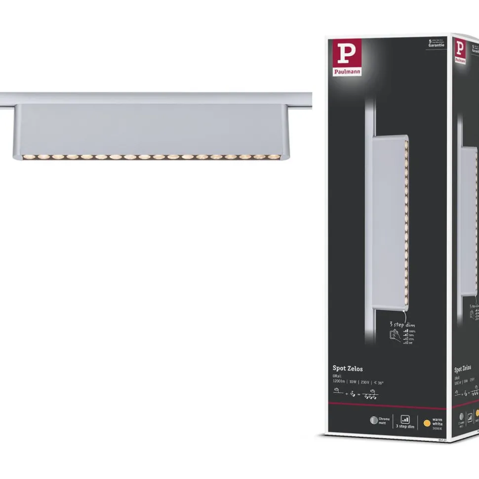 LED-kiskovalaisin Paulmann URail 3-Step-Dim Zelos, 37.2cm, 1050lm, 10W, 3000K, himmennettävä, 230V, mattakromi