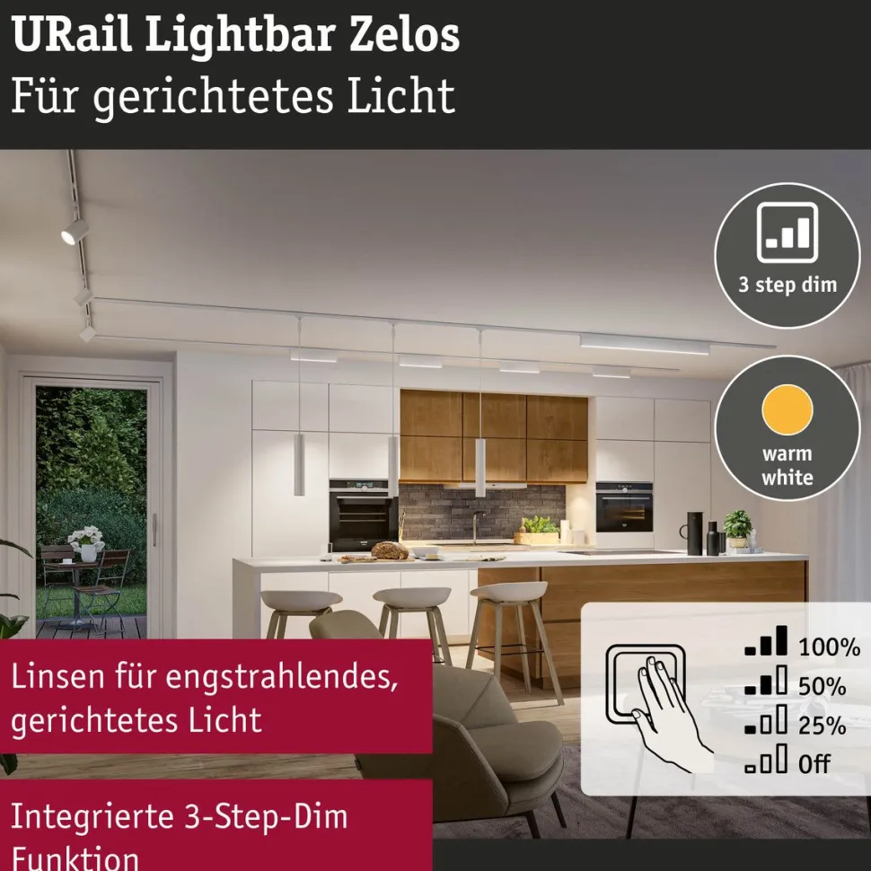 LED-kiskovalaisin Paulmann URail 3-Step-Dim Zelos, 37.2cm, 1050lm, 10W, 3000K, himmennettävä, 230V, mattakromi