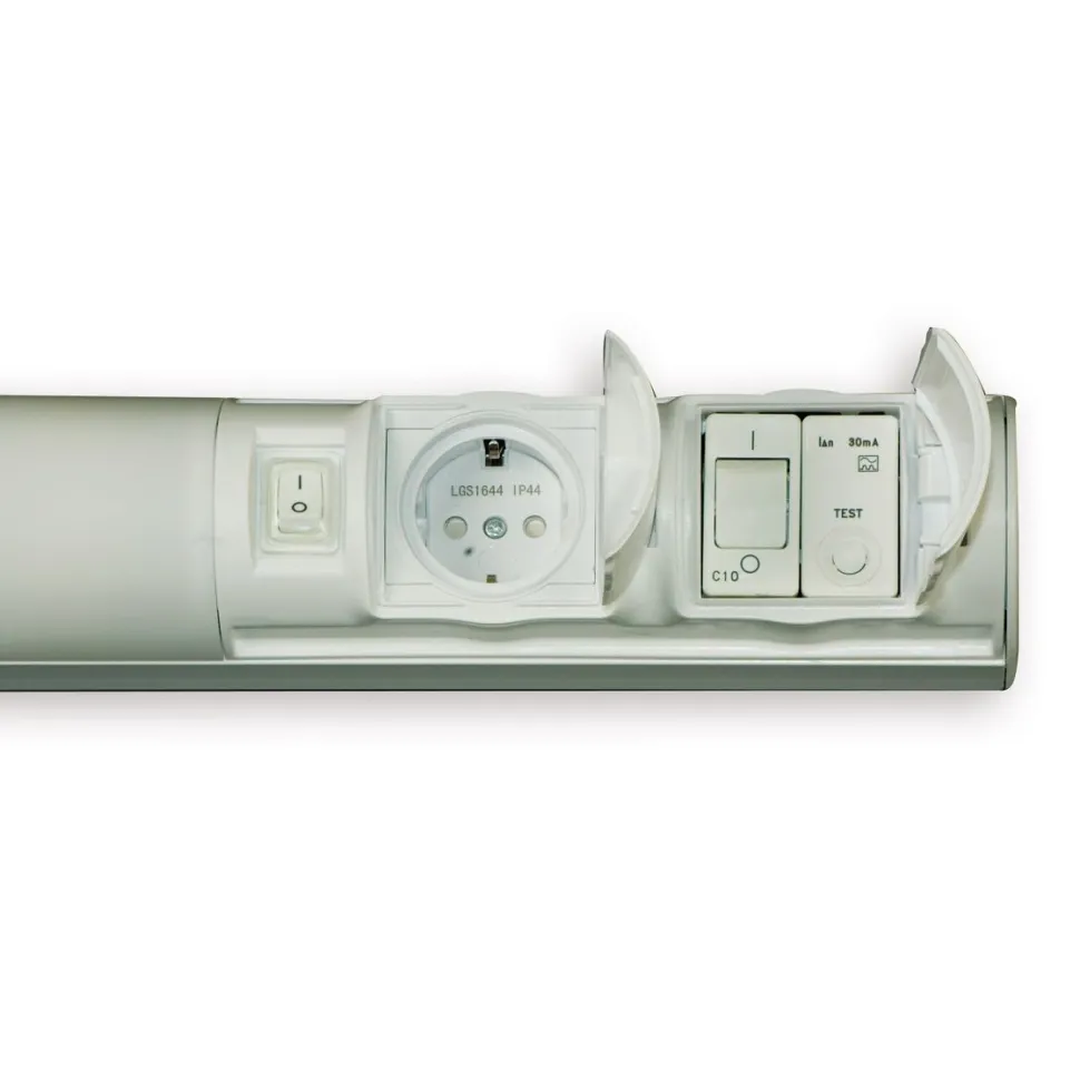 LED-kylpyhuonevalaisin Ensto Alisa AL14229VLED/DW 7W/8DW 597 mm IP44 1-osainen pistorasia + kytkin + vikavirtasuoja valkoinen