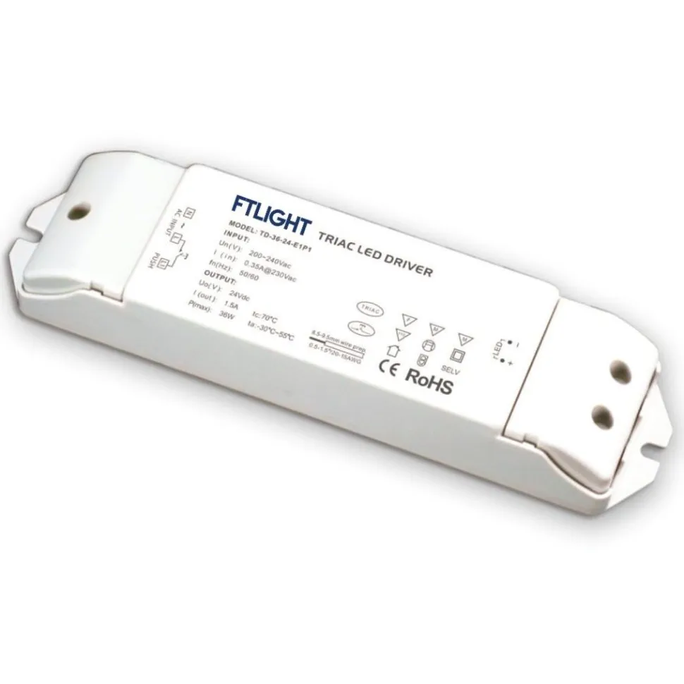 LED-muuntaja FTLIGHT 24V 36W IP20 himmennettävä TRIAC/push dimm