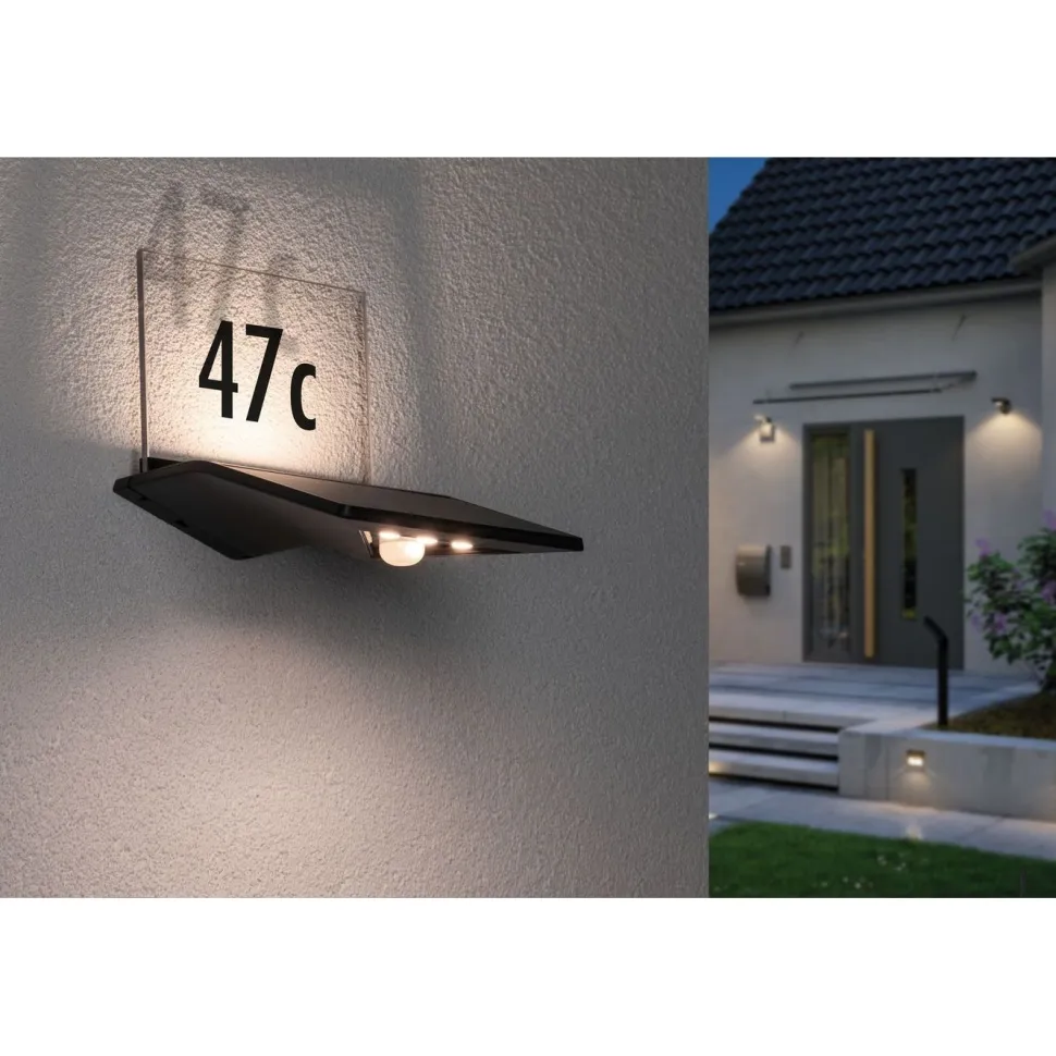 LED-numerovalaisin aurinkokennolla Paulmann Yoko, IP44, 3000K, liike- ja hämärätunnistin, antrasiitti